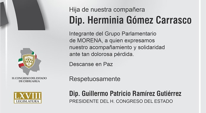 Lamenta Congreso el fallecimiento de la hija de la diputada Herminia Gómez Carrasco