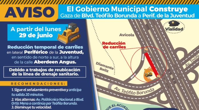 Hoy inicia reducción de carriles en tramo de lateral del periférico de la Juventud: Municipio