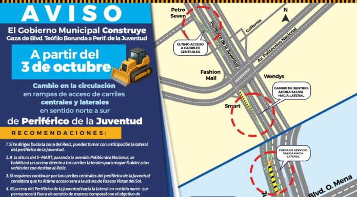 ¡Precaución! Habrá modificación vial en carriles laterales y centrales del periférico de la Juventud en sentido norte-sur